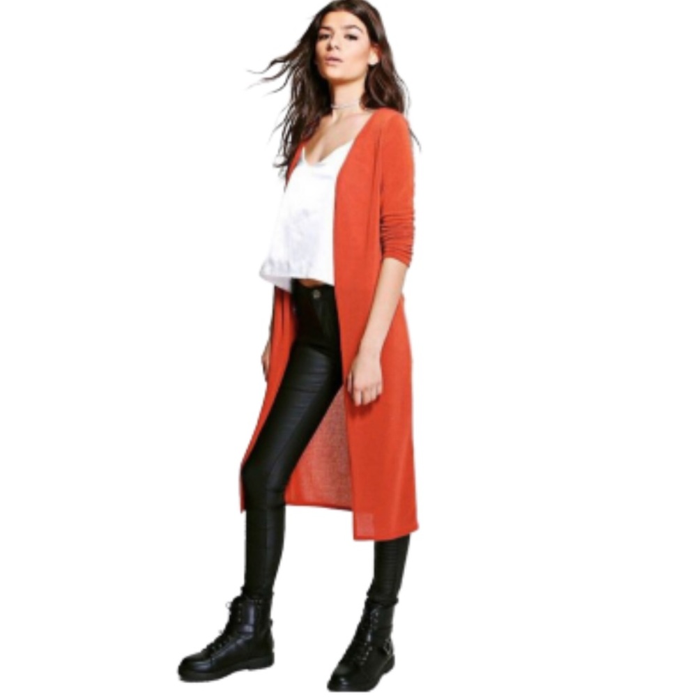 Boohoo Fine Knit Maxi Cardigan, rust size 6